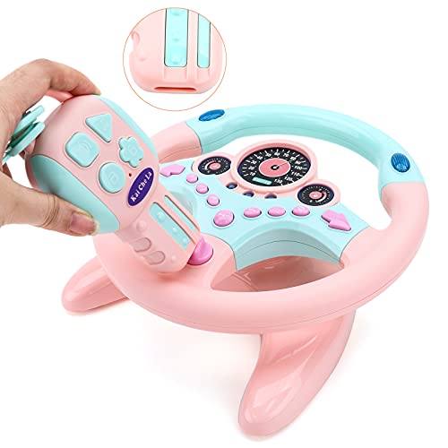 deAO Car Backseat Pretend Simulated Driving Steering Wheel Toy with Light and Music, Early Educational Gifts for Kids-Pink