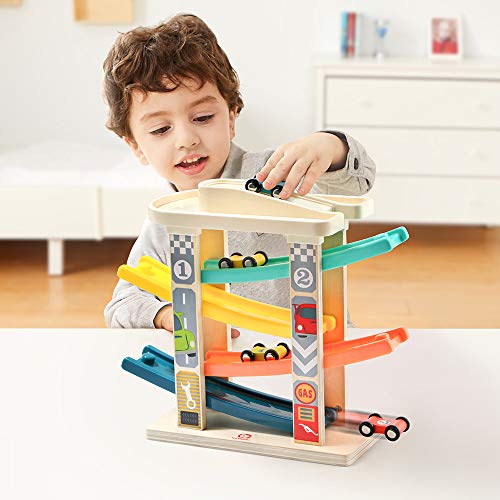TOP BRIGHT Car Ramp Toys for 2 Year Olds - Wooden Car Toy Garage with 4 Racing Cars, Toddler Toy Kids Present for 1 Year Old