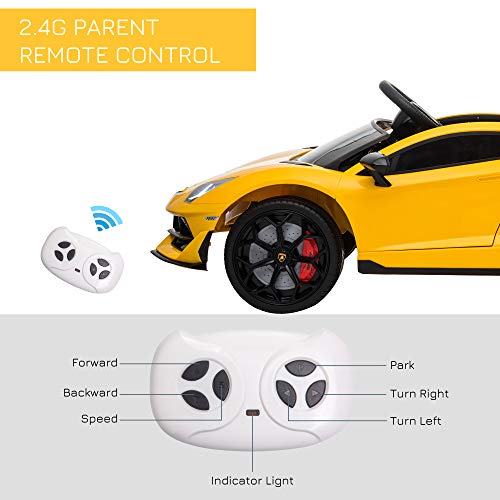 HOMCOM Compatible 12V Battery-powered 2 Motors Kids Electric Ride On Car Lamborghini Aventador Racing Car Toy with Parental Remote Control Music Lights Suspension Wheels for 3-8 Years Old Yellow