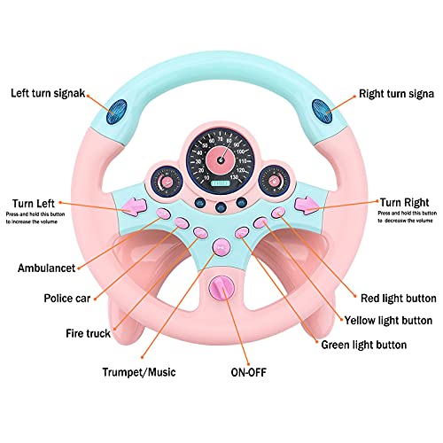 deAO Car Backseat Pretend Simulated Driving Steering Wheel Toy with Light and Music, Early Educational Gifts for Kids-Pink