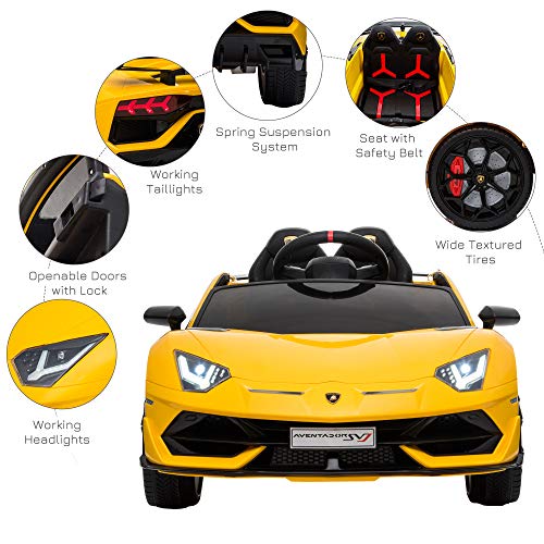 HOMCOM Compatible 12V Battery-powered 2 Motors Kids Electric Ride On Car Lamborghini Aventador Racing Car Toy with Parental Remote Control Music Lights Suspension Wheels for 3-8 Years Old Yellow