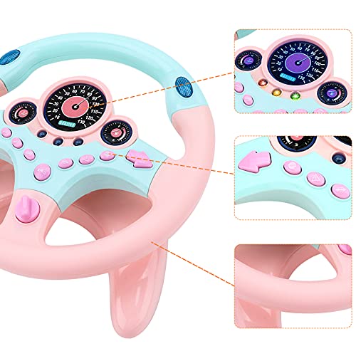 deAO Car Backseat Pretend Simulated Driving Steering Wheel Toy with Light and Music, Early Educational Gifts for Kids-Pink