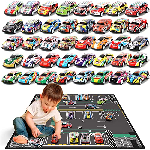 Veluoess Mini Pull Back Car Toy, 40 Pieces Racing Cars Toy Set with Play Mat Friction Powered Cars for Kids Foldable Storage Bag Vehicles Set for Boys and Girls 3 4 5 6 Years Old