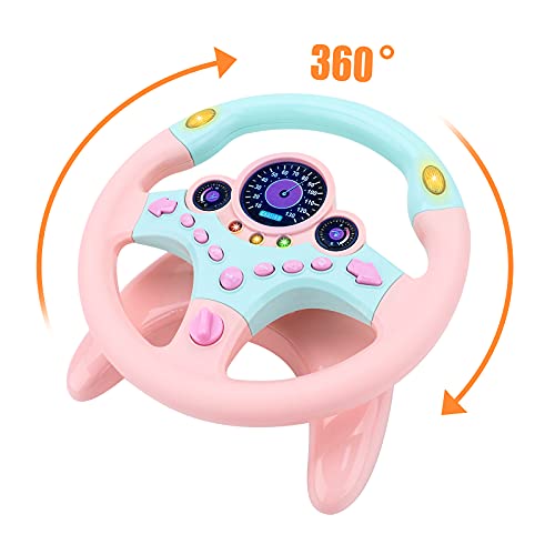 deAO Car Backseat Pretend Simulated Driving Steering Wheel Toy with Light and Music, Early Educational Gifts for Kids-Pink