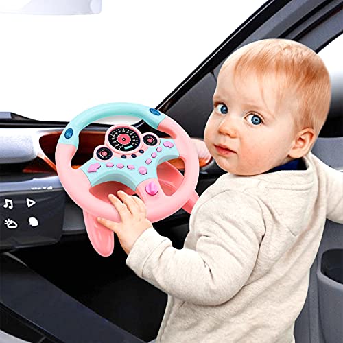 deAO Car Backseat Pretend Simulated Driving Steering Wheel Toy with Light and Music, Early Educational Gifts for Kids-Pink
