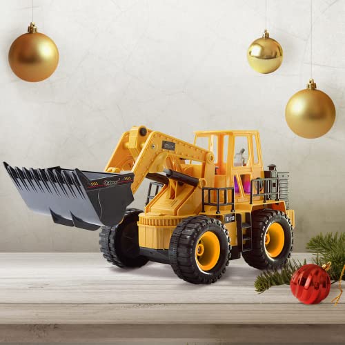 Top Race 5 Channel Full Functional Remote Control Tractor Digger Toy Front Loader 14 x 6 x 8 inch Electric RC Remote Control Construction Truck Toy Front Loader with Lights & Sounds for Boys And Girls