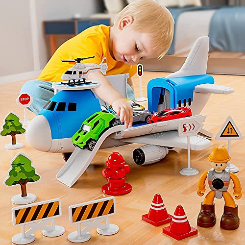 Toy Cars for 3 Year Old Boys,Toy Cars set,Transport Cargo Airplane with 5 Mini Cars, 1 Helicopter,1 Engineer,11 Traffic Signs,Gifts for Kids Boys Girls Age 3 4 5