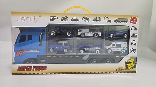 jenilily Police Car Toy Truck Mini Rescue Vehicles Playset in Carrier Truck for Kids 3 4 5 Years Old