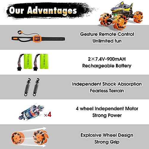 Arulis Remote Control Cars, 1:16 Scale RC Monster Truck with Hand Controlled, 2.4GHz 4WD 25km/h RC Car with Light and Music, Perfect Toy Car Gift for 3 4 5 6 7 8 9 10+ Year Old Boys