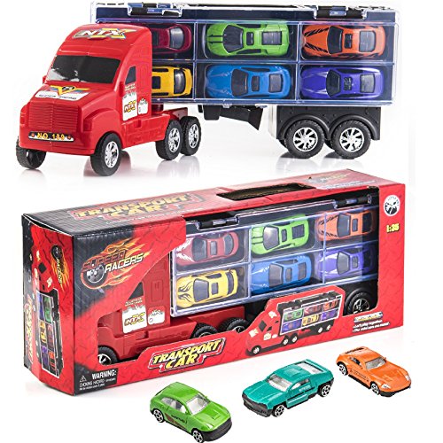 15 Inch Carrier Truck and Car Transporter Toy for Boys, Includes 6 Metal Cars Toy For Boys, Great For Boys, Birthdays Gift for Kids Boys Toy Cars and Boys Toy Trucks