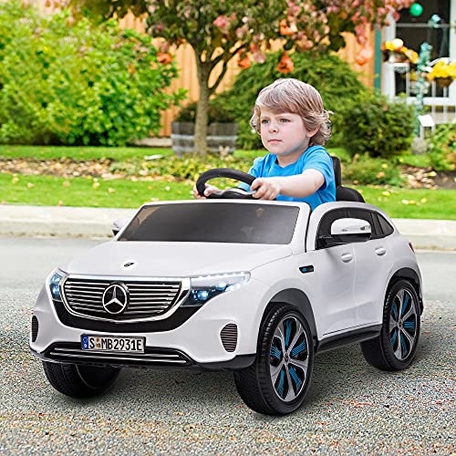 HOMCOM Compatible 12V Battery-powered 2 Motors Kids Electric Ride On Car Toy with Parental Remote Control Music Lights Bluetooth Suspension Wheels for 3-5 Years Old White