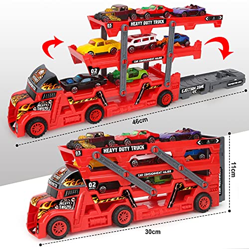 Car Transporter Truck Toys for 3 Years Old, Mega Hauler Trucks with 8 Mini Race Cars Gift for Kids Boys Girls Age 3 4 5 (Red)