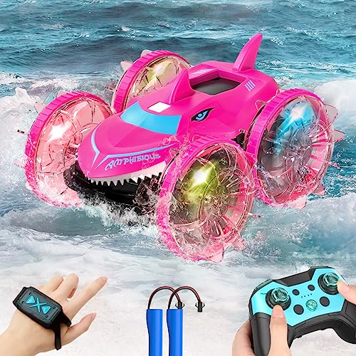 AYIQUTY Amphibious RC Car with Lights for Kids 3-12 Year Old Gesture Controlled Remote Control Boat 4WD 2.4 GHz Waterproof Stunt 360 Degree Rotating Water Beach Pool Toys Gifts Boys Girls, Pink