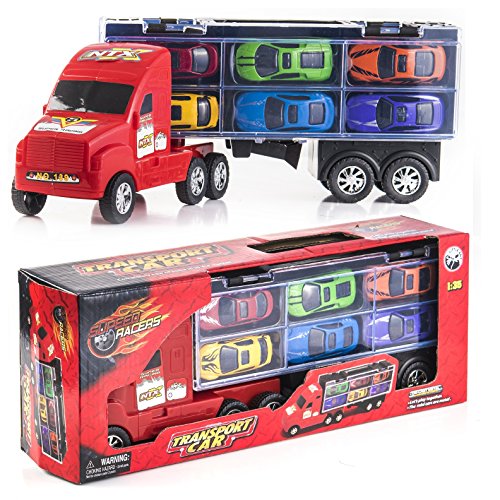 15 Inch Carrier Truck and Car Transporter Toy for Boys, Includes 6 Metal Cars Toy For Boys, Great For Boys, Birthdays Gift for Kids Boys Toy Cars and Boys Toy Trucks