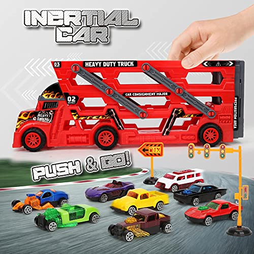 Car Transporter Truck Toys for 3 Years Old, Mega Hauler Trucks with 8 Mini Race Cars Gift for Kids Boys Girls Age 3 4 5 (Red)