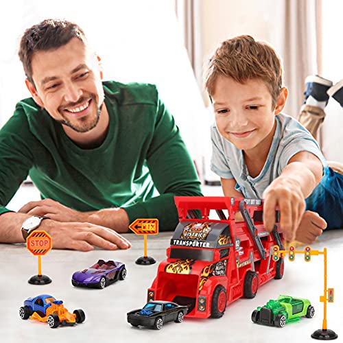 Car Transporter Truck Toys for 3 Years Old, Mega Hauler Trucks with 8 Mini Race Cars Gift for Kids Boys Girls Age 3 4 5 (Red)