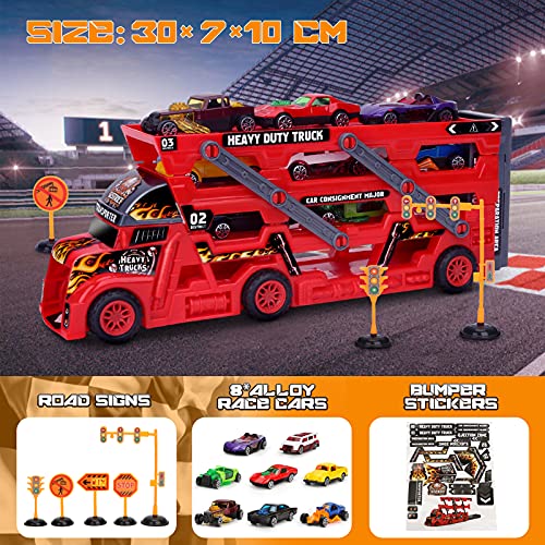 Car Transporter Truck Toys for 3 Years Old, Mega Hauler Trucks with 8 Mini Race Cars Gift for Kids Boys Girls Age 3 4 5 (Red)