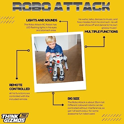 Large Remote Control Robot For Kids (35cm tall) - Fires Soft Missiles, Dances, Talks & Walks (10 Functions) - Fun Robot Toy by ThinkGizmos (Registered Trademark)
