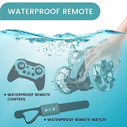 Tecnock Amphibious Remote Control Cars Boat, 4WD Gesture RC Car with Waterproof Remote Control, All Terrain RC Stunt Car with LED Lights, Pool Toys for Kids Ages 8-12, Kids Toys Gifts for Boys Girls