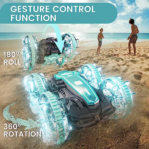 Tecnock Amphibious Remote Control Cars Boat, 4WD Gesture RC Car with Waterproof Remote Control, All Terrain RC Stunt Car with LED Lights, Pool Toys for Kids Ages 8-12, Kids Toys Gifts for Boys Girls