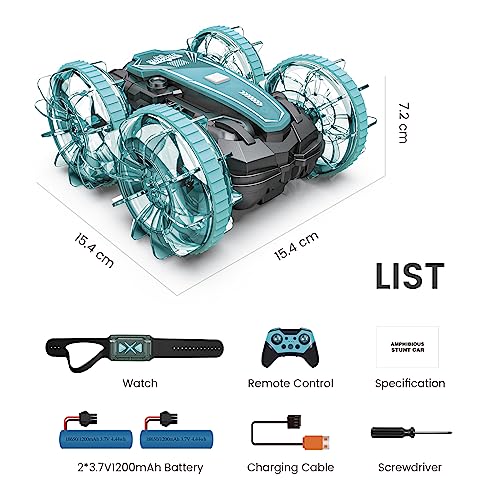 Tecnock Amphibious Remote Control Cars Boat, 4WD Gesture RC Car with Waterproof Remote Control, All Terrain RC Stunt Car with LED Lights, Pool Toys for Kids Ages 8-12, Kids Toys Gifts for Boys Girls