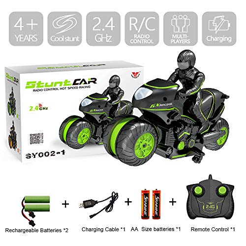 RC Motorcycle, Kids Remote Control Motorcycle Double Sided Flips 360°Rotating Stunt Car for Boys,2.4Ghz High Speed Rock Crawler Vehicle with 4 Batteries,Gift for Kids Age 4,5,6,7,8 and Up Year Old