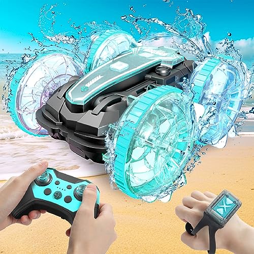 Korffe Remote Control Car, Amphibious RC Car for 4 5 6 7 8 9 Years Old, 4WD Off-Road Toy Car, Waterproof Stunt Car Toy Vehicle, 360° Rotating Toy Car Perfect Birthday for 8-12 Years Old Kids