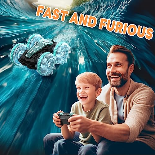 Korffe Remote Control Car, Amphibious RC Car for 4 5 6 7 8 9 Years Old, 4WD Off-Road Toy Car, Waterproof Stunt Car Toy Vehicle, 360° Rotating Toy Car Perfect Birthday for 8-12 Years Old Kids