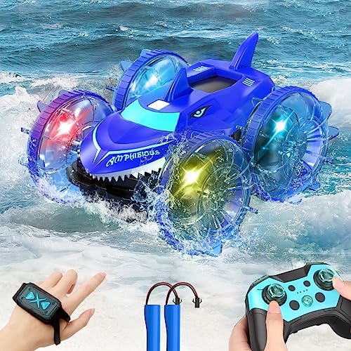 AYIQUTY Amphibious RC Car with Lights for Kids 3-12 Year Old Gesture Controlled Remote Control Boat 4WD 2.4 GHz Waterproof RC Stunt Car 360° Rotating Water Beach Pool Toys Gifts for Boys Girls(Blue)