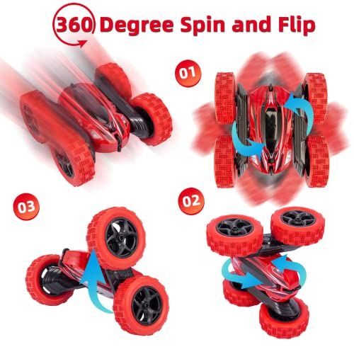 ThinkMax Remote Control Car,2.4Ghz 360°Double Side Flips RC Stunt Car Toy Gift, RC Car for Kids Aged 6-14(RED)
