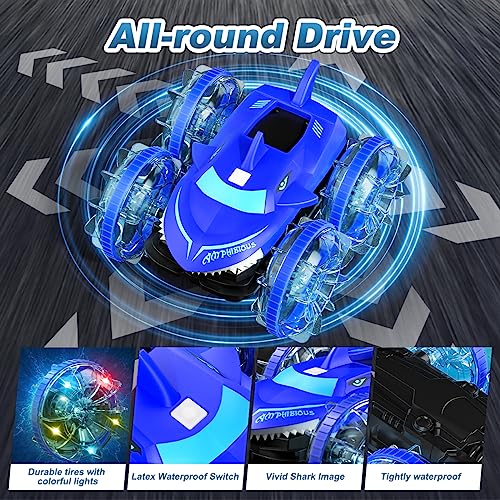 AYIQUTY Amphibious RC Car with Lights for Kids 3-12 Year Old Gesture Controlled Remote Control Boat 4WD 2.4 GHz Waterproof RC Stunt Car 360° Rotating Water Beach Pool Toys Gifts for Boys Girls(Blue)