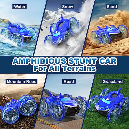 AYIQUTY Amphibious RC Car with Lights for Kids 3-12 Year Old Gesture Controlled Remote Control Boat 4WD 2.4 GHz Waterproof RC Stunt Car 360° Rotating Water Beach Pool Toys Gifts for Boys Girls(Blue)