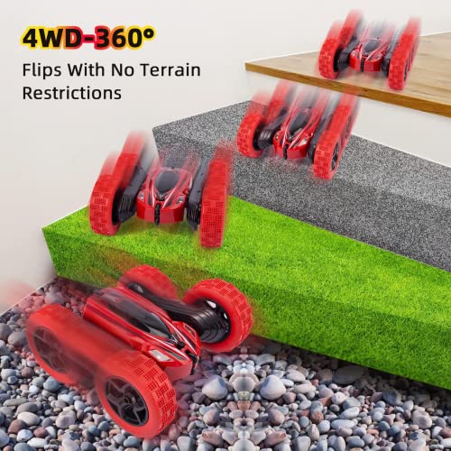 ThinkMax Remote Control Car,2.4Ghz 360°Double Side Flips RC Stunt Car Toy Gift, RC Car for Kids Aged 6-14(RED)