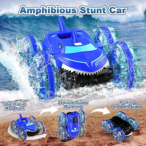 AYIQUTY Amphibious RC Car with Lights for Kids 3-12 Year Old Gesture Controlled Remote Control Boat 4WD 2.4 GHz Waterproof RC Stunt Car 360° Rotating Water Beach Pool Toys Gifts for Boys Girls(Blue)