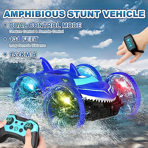 AYIQUTY Amphibious RC Car with Lights for Kids 3-12 Year Old Gesture Controlled Remote Control Boat 4WD 2.4 GHz Waterproof RC Stunt Car 360° Rotating Water Beach Pool Toys Gifts for Boys Girls(Blue)