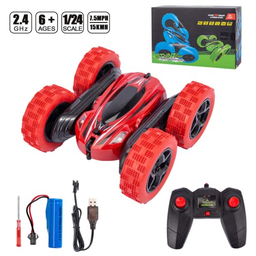 ThinkMax Remote Control Car,2.4Ghz 360°Double Side Flips RC Stunt Car Toy Gift, RC Car for Kids Aged 6-14(RED)