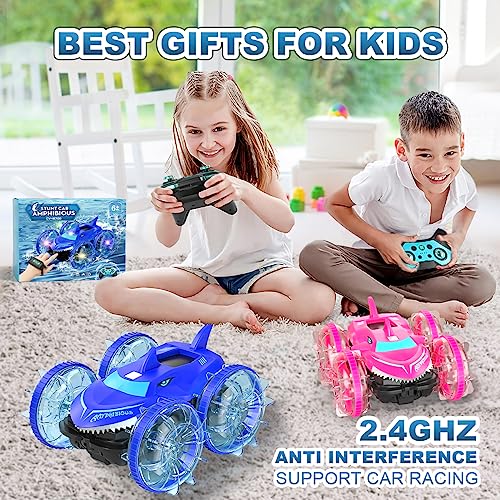 AYIQUTY Amphibious RC Car with Lights for Kids 3-12 Year Old Gesture Controlled Remote Control Boat 4WD 2.4 GHz Waterproof RC Stunt Car 360° Rotating Water Beach Pool Toys Gifts for Boys Girls(Blue)