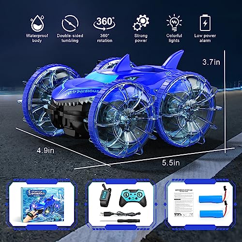 AYIQUTY Amphibious RC Car with Lights for Kids 3-12 Year Old Gesture Controlled Remote Control Boat 4WD 2.4 GHz Waterproof RC Stunt Car 360° Rotating Water Beach Pool Toys Gifts for Boys Girls(Blue)