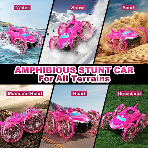 AYIQUTY Amphibious RC Car with Lights for Kids 3-12 Year Old Gesture Controlled Remote Control Boat 4WD 2.4 GHz Waterproof Stunt 360 Degree Rotating Water Beach Pool Toys Gifts Boys Girls, Pink