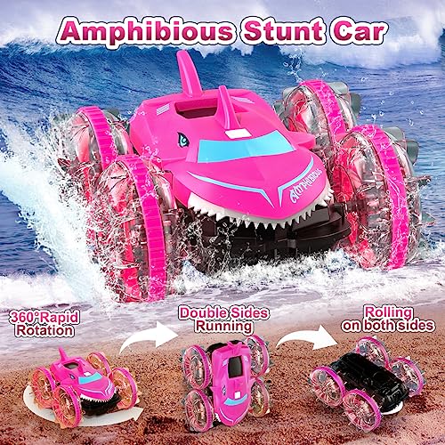 AYIQUTY Amphibious RC Car with Lights for Kids 3-12 Year Old Gesture Controlled Remote Control Boat 4WD 2.4 GHz Waterproof Stunt 360 Degree Rotating Water Beach Pool Toys Gifts Boys Girls, Pink