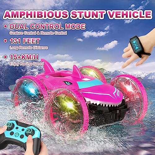 AYIQUTY Amphibious RC Car with Lights for Kids 3-12 Year Old Gesture Controlled Remote Control Boat 4WD 2.4 GHz Waterproof Stunt 360 Degree Rotating Water Beach Pool Toys Gifts Boys Girls, Pink