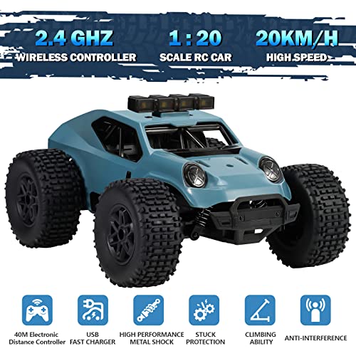 Kizeefun Remote Control Car for Boys, 2.4Ghz 1/20 RC Car Off-Road Vehicle 20km/h All Terrain Electric Toy Off-Road RC Car with 2 Batteries 50min Playtime and LED Headlight Gift for Kids