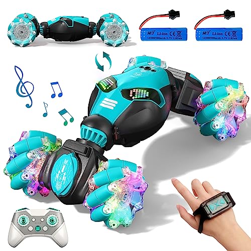 AYIQUTY Remote Control Car, Gesture Sensing RC Stunt Car with Lights & Music 6-13 Years Old 4WD 2.4GHz Hand Controlled Double Sided 360°Rotation Off-Road Toy Gifts (Blue) (CV8818-103A)