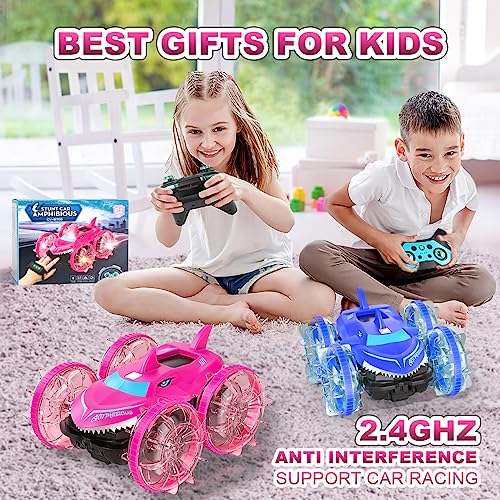 AYIQUTY Amphibious RC Car with Lights for Kids 3-12 Year Old Gesture Controlled Remote Control Boat 4WD 2.4 GHz Waterproof Stunt 360 Degree Rotating Water Beach Pool Toys Gifts Boys Girls, Pink