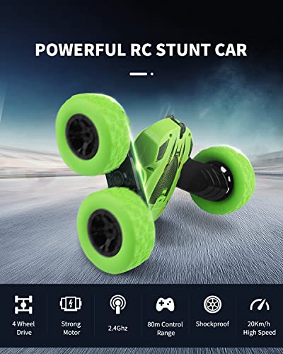 Maxesla Remote Control Cars 360° Double Side Flips, 2.4GHz RC Radio Controlled RC Car, High Speed 4WD Stunt RC Cars, LED Headlights Remote Control Car for 3 4 5 6 7 8 9 Years Old Boys Toys, Green