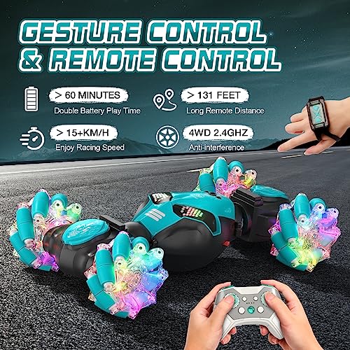 AYIQUTY Remote Control Car, Gesture Sensing RC Stunt Car with Lights & Music 6-13 Years Old 4WD 2.4GHz Hand Controlled Double Sided 360°Rotation Off-Road Toy Gifts (Blue) (CV8818-103A)