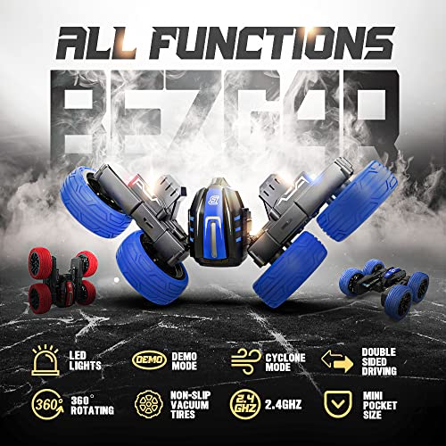 BEZGAR TD202MINI Remote Control Cars - 2.4GHz Double Sided Stunt Car, LED 360° Flip Spinning 4WD RC Car, Indoor & Outdoor Toy Gifts for Boys Kids Girls, Blue