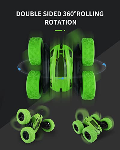 Maxesla Remote Control Cars 360° Double Side Flips, 2.4GHz RC Radio Controlled RC Car, High Speed 4WD Stunt RC Cars, LED Headlights Remote Control Car for 3 4 5 6 7 8 9 Years Old Boys Toys, Green