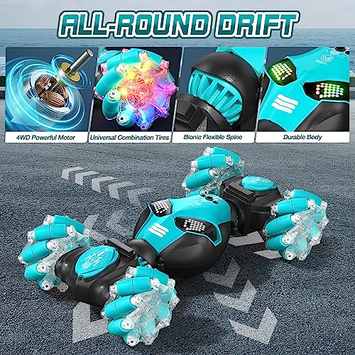 AYIQUTY Remote Control Car, Gesture Sensing RC Stunt Car with Lights & Music 6-13 Years Old 4WD 2.4GHz Hand Controlled Double Sided 360°Rotation Off-Road Toy Gifts (Blue) (CV8818-103A)