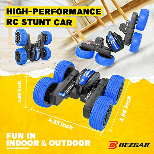 BEZGAR TD202MINI Remote Control Cars - 2.4GHz Double Sided Stunt Car, LED 360° Flip Spinning 4WD RC Car, Indoor & Outdoor Toy Gifts for Boys Kids Girls, Blue